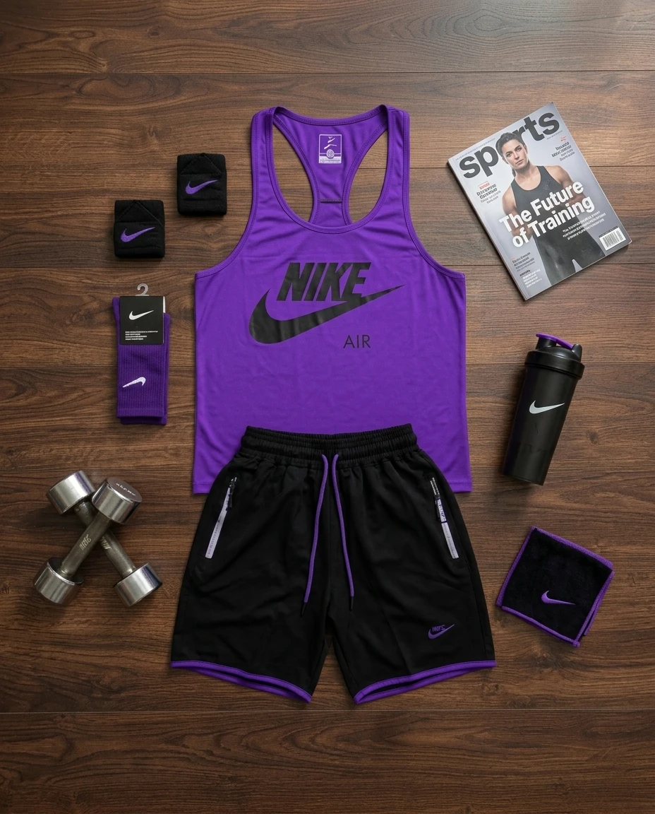پکیج کد S3346 ست بدنسازی مردانه طرح نایک با تم بنفش مشکی 💜🖤 شامل رکابی + شلوارک + جوراب + مچبند + شیکر دو تیکه