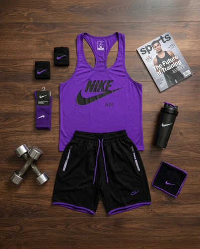 پکیج کد S3346 ست بدنسازی مردانه طرح نایک با تم بنفش مشکی 💜🖤 شامل رکابی + شلوارک + جوراب + مچبند + شیکر دو تیکه