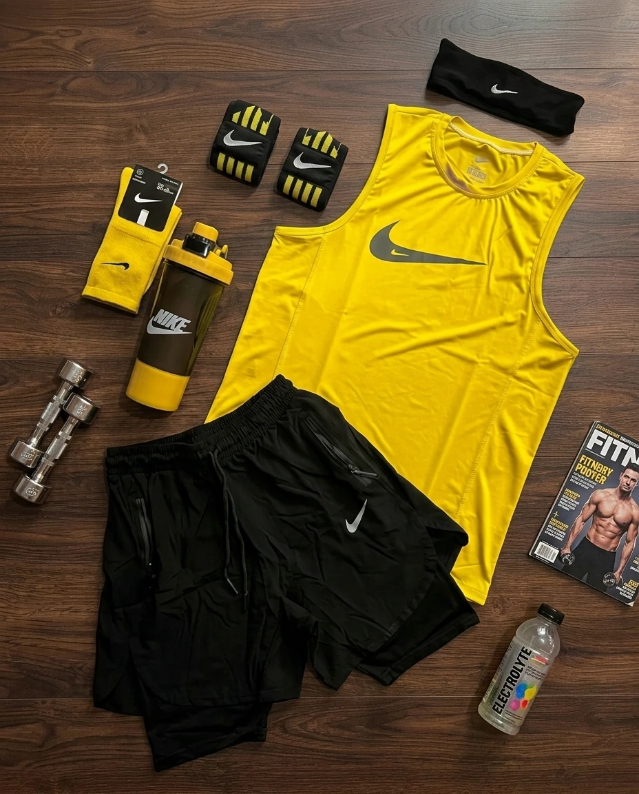 پکیج کد E2254 ست بدنسازی مردانه طرح نایک با تم زرد مشکی 🖤💛