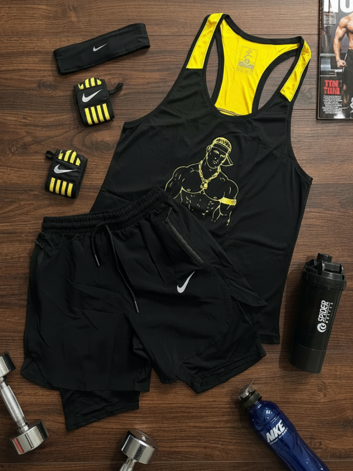 پکیج کد Z1031 ست رکابی ورزشی باشگاهی مردانه طرح جان سینا با تم مشکی زرد 💛🖤 شامل رکابی + شلوارک+ +هدبند+شیکر+مچ بند