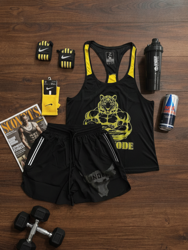 پکیج کد Z1064 ست رکابی ورزشی باشگاهی مردانه طرح بست مود با تم مشکی زرد💛🔥💛  شامل رکابی + شلوارک+جوراب+مچ بند+شیکر